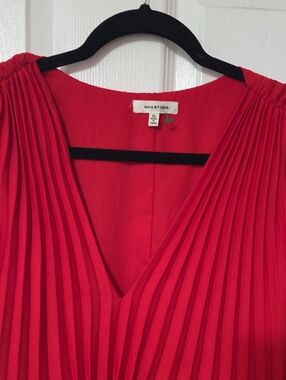 Max Studio Vibrant Red Pleated Belted V-Neck Dress